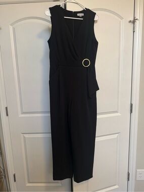 Calvin Klein Black Sleeveless Wrap Jumpsuit with Gold Ring Accent